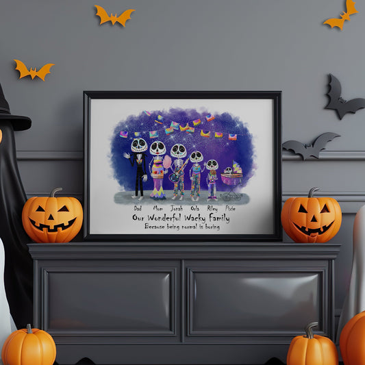 Halloween-themed room with framed family portrait, pumpkins, ghosts, and bats on a gray wall.