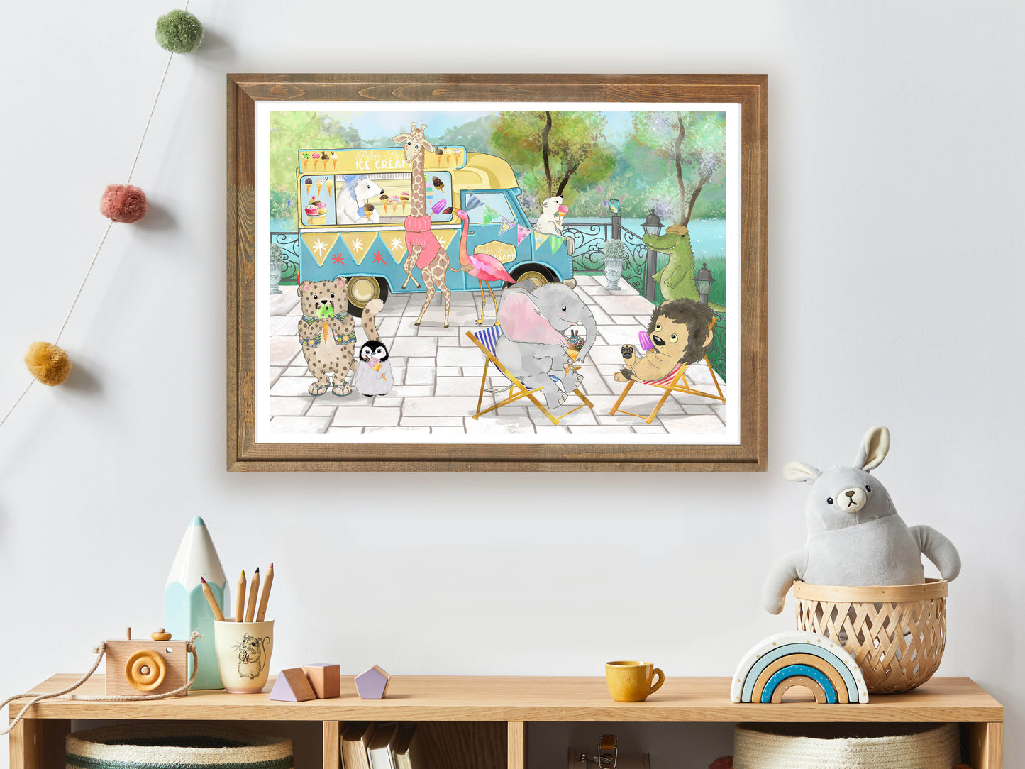 Whimsical Nursery Art Print, Animals & the Vintage Ice Cream Van, Animal Theme Nursery Print, Gorgeous Children's Wall Art, Whimsical Animal Art Print, Colourful Animal Nursery