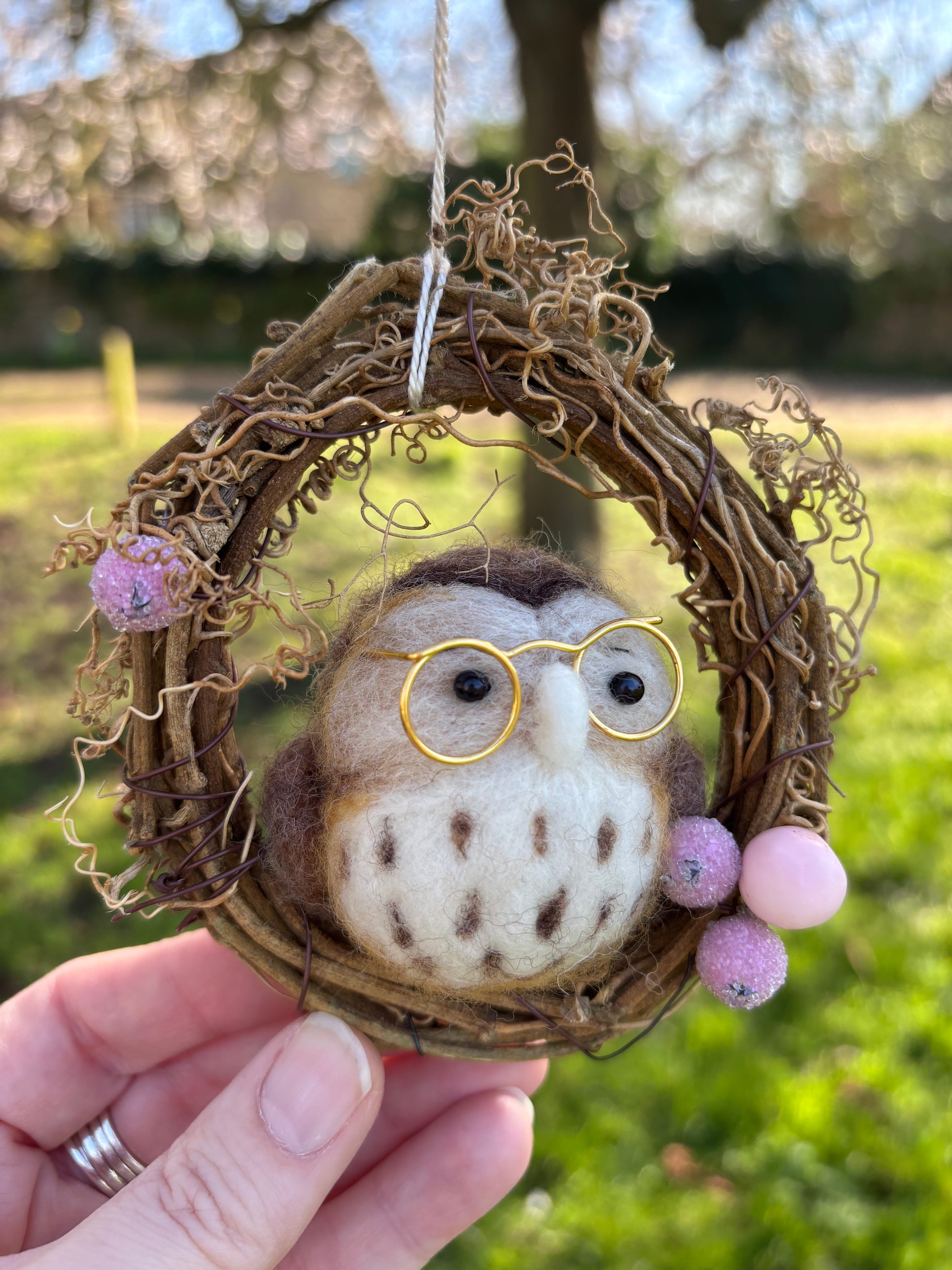Needle Felted Owl in Miniature Spring Wreath - Needle Felt Owl - Hanging ornament - Handmade Owl - Needle Felt Decoration - Gift for Mum