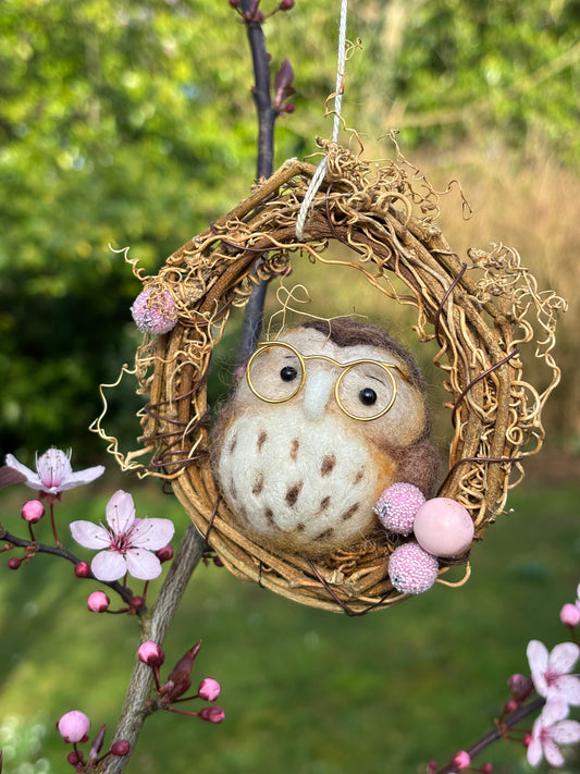 Needle Felted Owl in Miniature Spring Wreath - Needle Felt Owl - Hanging ornament - Handmade Owl - Needle Felt Easter Decoration