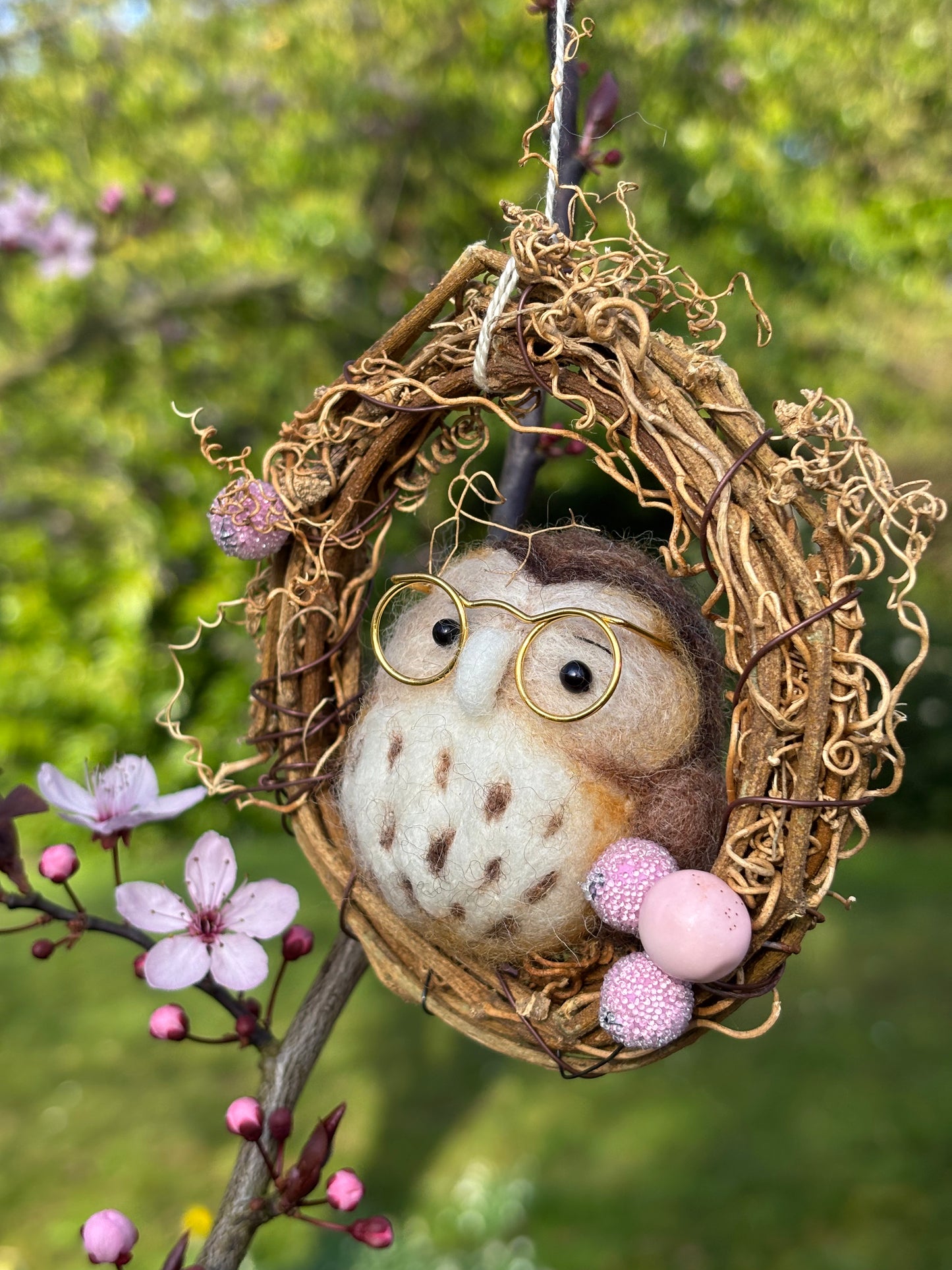 Needle Felted Owl in Miniature Wreath - Needle Felt Owl - Hanging ornament - Handmade Owl - Needle Felt Easter Decoration