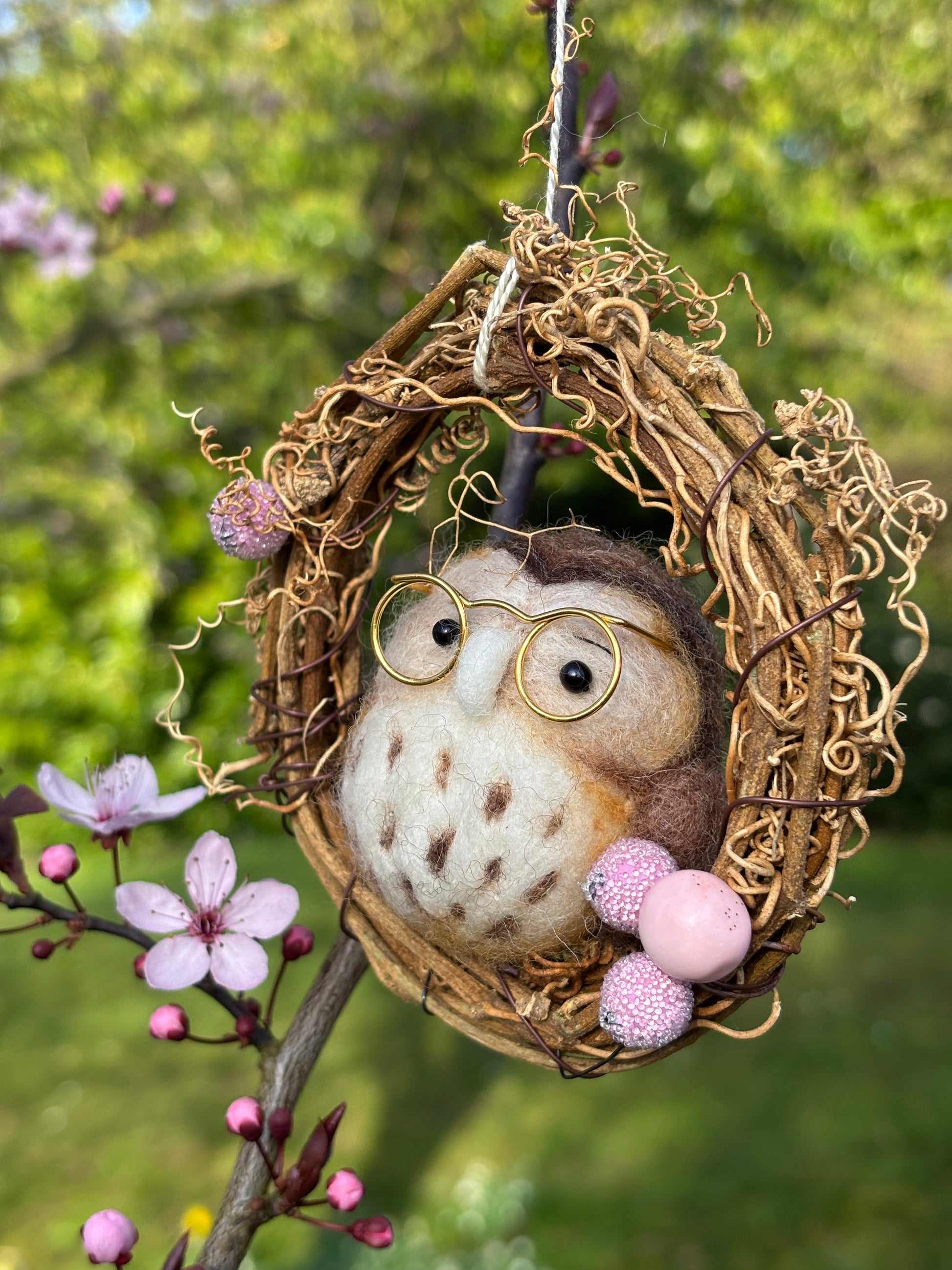 Needle Felted Owl in Miniature Wreath - Needle Felt Owl - Hanging ornament - Handmade Owl - Needle Felt Easter Decoration