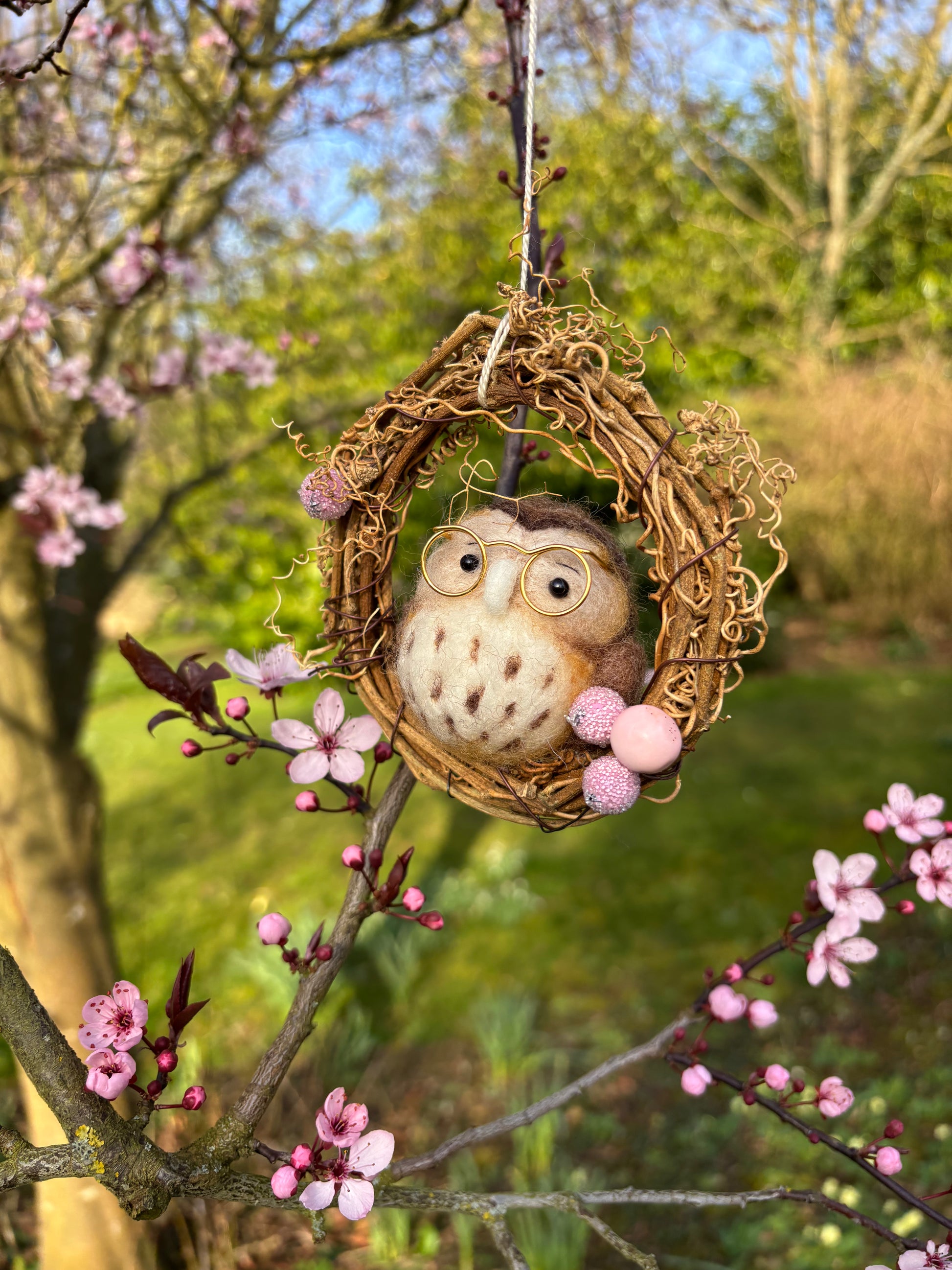 Needle Felted Owl in Miniature Wreath - Needle Felt Owl - Hanging ornament - Handmade Owl - Needle Felted Easter Decoration