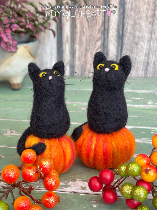Two black cat figurines on pumpkins with berries on a wooden surface, featuring 'Indy Wildhearts Art' branding.