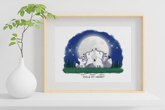 family of wolves personalised with your family names, each person respresented by a wolf. Two adult wolves howling with baby wolf cubs in a night time woodland scene with large full moon