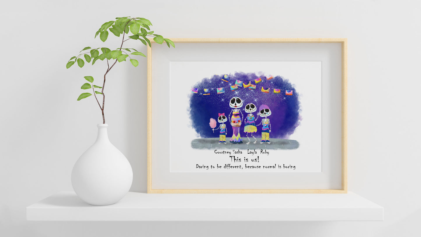 Custom Skeleton Family Print for Whimsical Spooky Season Decor, Spooky-Chic Custom Wall Art, Unique Family Print for Halloween