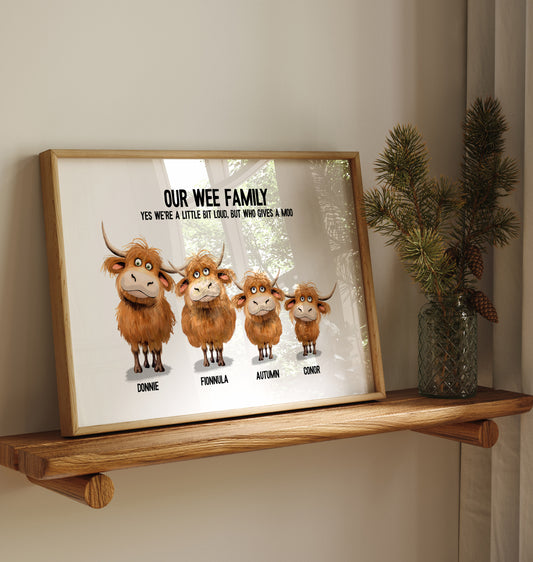 personalised artwork with cartoon Highland cows and text on a light background with individual names