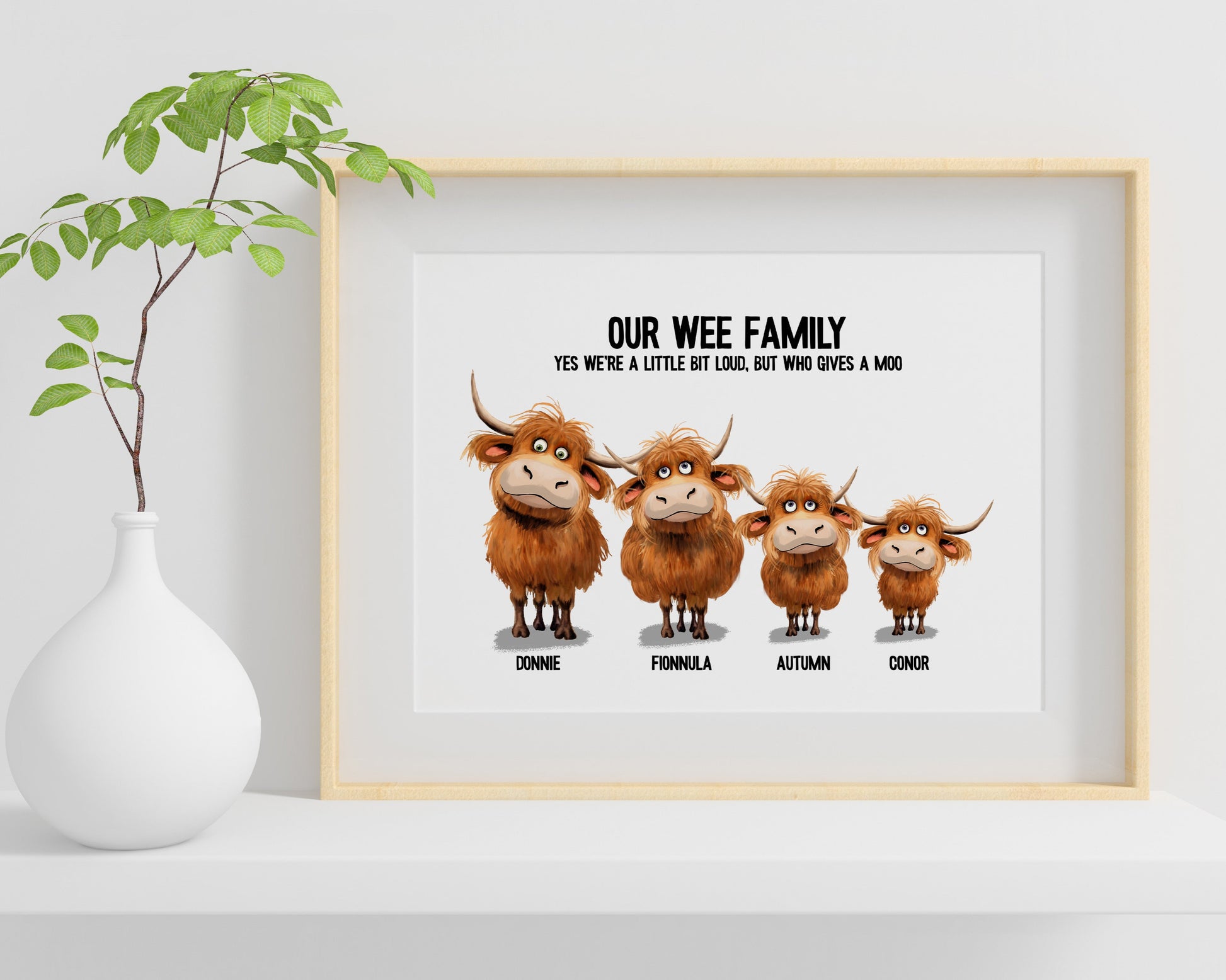 personalised artwork with cartoon Highland cows and text on a light background with individual names