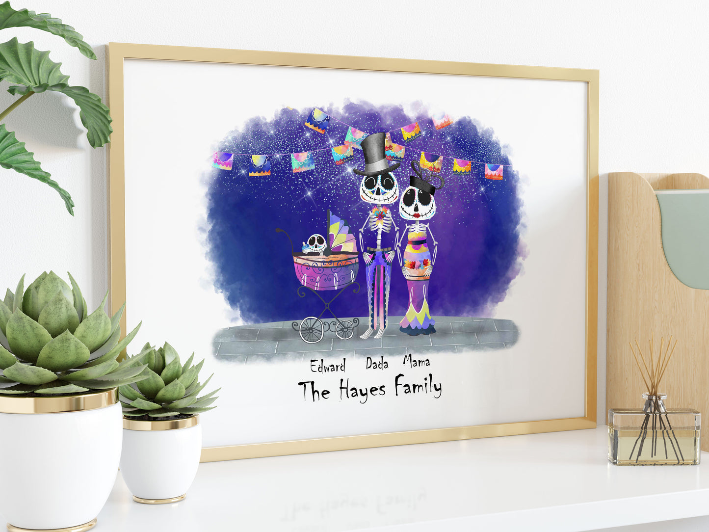 Halloween Personalised Family Print, Skeleton Family Portrait, Halloween Print, Halloween Wall Art, Custom Family print, Sugar Skulls