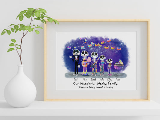 Halloween Personalised Family Print, Skeleton Family Portrait, Halloween Print, Halloween Wall Art, Custom Family print, Sugar Skulls