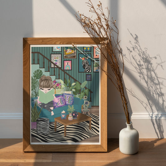 Book Lovers Print, Girl Reading Books Print, Boho Room Art Prints, Book Nook, Cottage Core, Book Lovers Gift, Mindfulness, Me Time, Fun & Colourful Prints