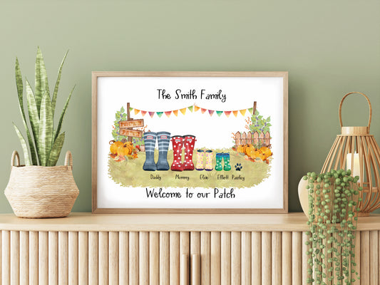 Family Welly Boot Print, Halloween Fall Theme, Personalised Print, Personalised Gift, Autumn Welly Boot Print, Gift for Her Birthday, Autumn Birthday