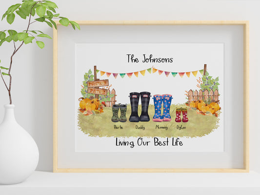 Family Welly Boot Print, Halloween Fall Theme, Personalised Print, Personalised Gift, Autumn Welly Boot Print, Gift for Her Birthday, Autumn Birthday