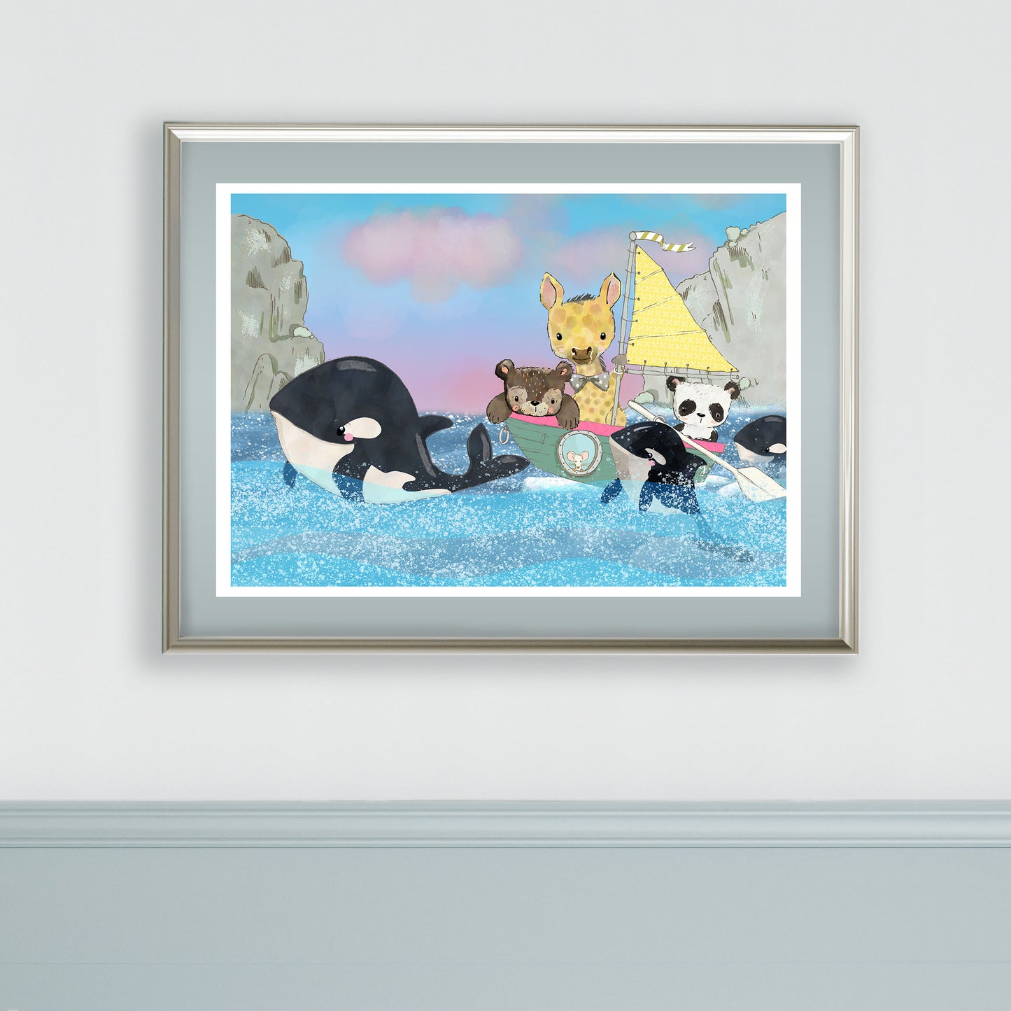 Whimsical Animal Art, Nursery Prints, Whale Watching Print, Orca Whale, Children's Wall Art, Nautical Nursery, Whimsical Art for Children