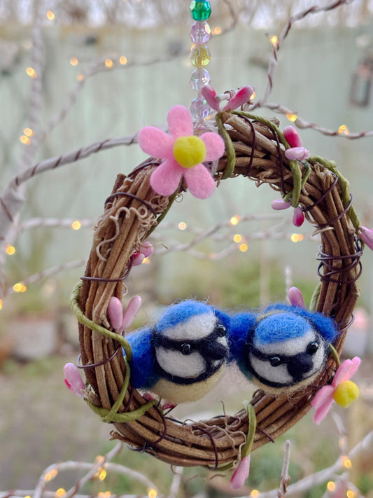 Needle Felted Blue Tits in Miniature Spring Wreath - Beautiful felted little birds - Hanging ornament - Handmade - One of a Kind Gift - Gift for Mum