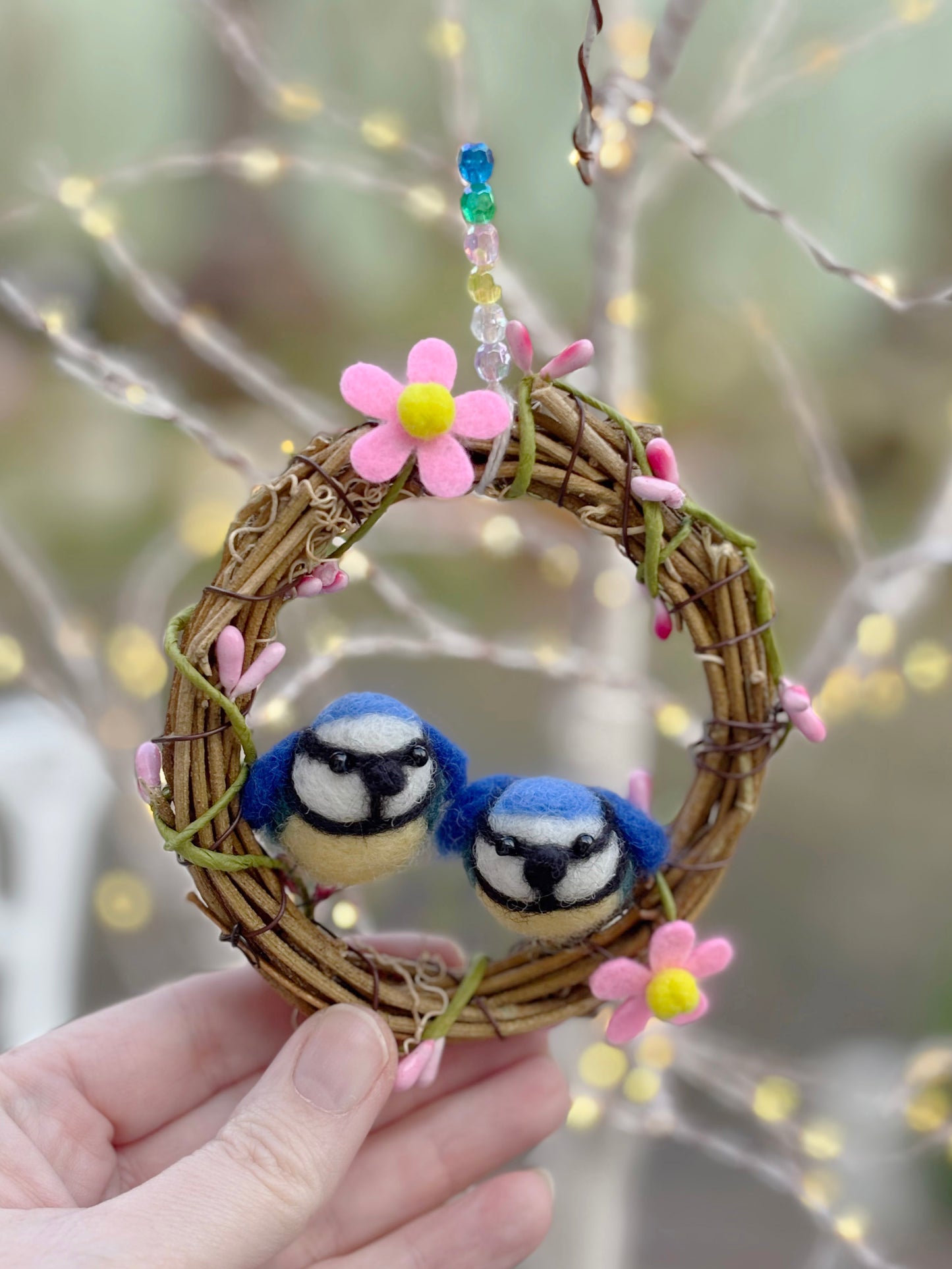 Needle Felted Blue Tits in Miniature Spring Wreath - Beautiful felted little birds - Hanging ornament - Handmade - One of a Kind Gift - Gift for Mum