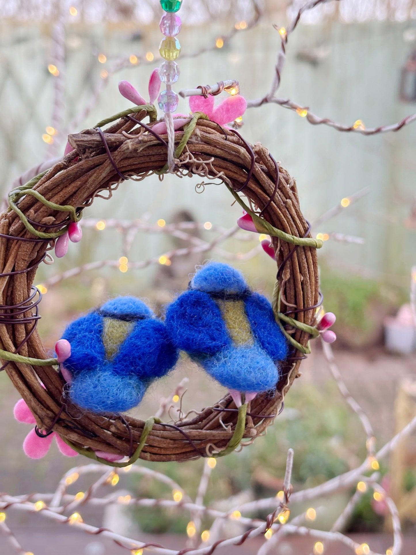 Needle Felted Blue Tits in Miniature Spring Wreath - Beautiful felted little birds - Hanging ornament - Handmade - One of a Kind Gift - Gift for Mum