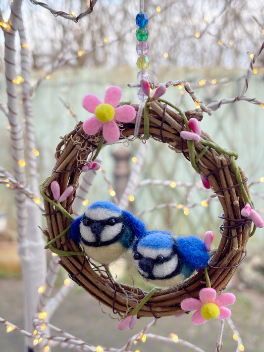 Needle Felted Blue Tits in Miniature Spring Wreath - Beautiful felted little birds - Hanging ornament - Handmade - One of a Kind Gift - Gift for Mum