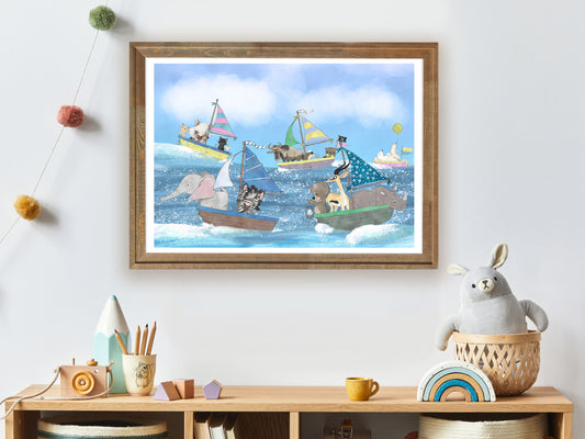 Nautical Nursery Print, Animal Adventure Nursery Art Print, Whimsical Animal Art, Sailing, Nautical Children's Wall Art, Whimsical Art Print, Nautical Nursery Art