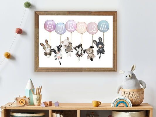 Baby Name Print, Nursery Print, Personalised Baby Gift, 1st Birthday Gift, Christening Gift, Nursery Art Print, Animal Theme