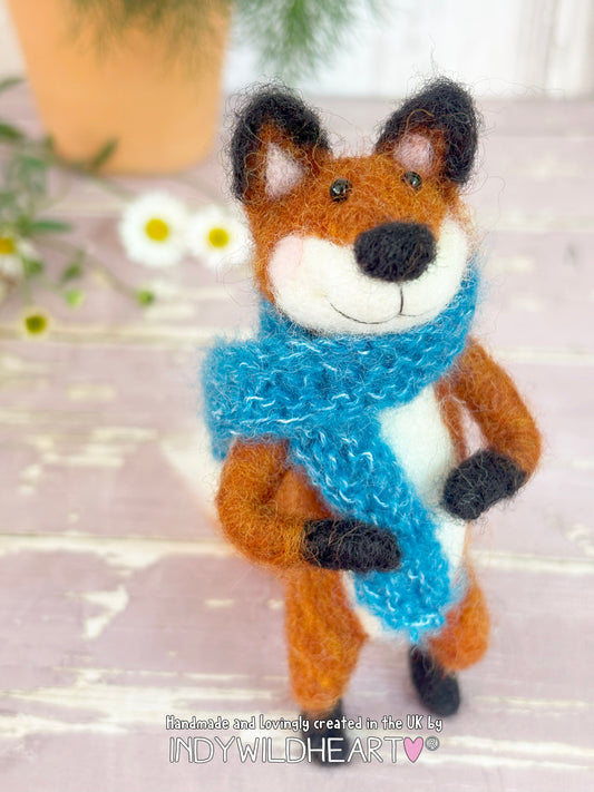 Cute needle felted fox with blue scarf and needle felted backpack. Little felted fox character figurine all handmade. makes a lovely gift for  ox lovers