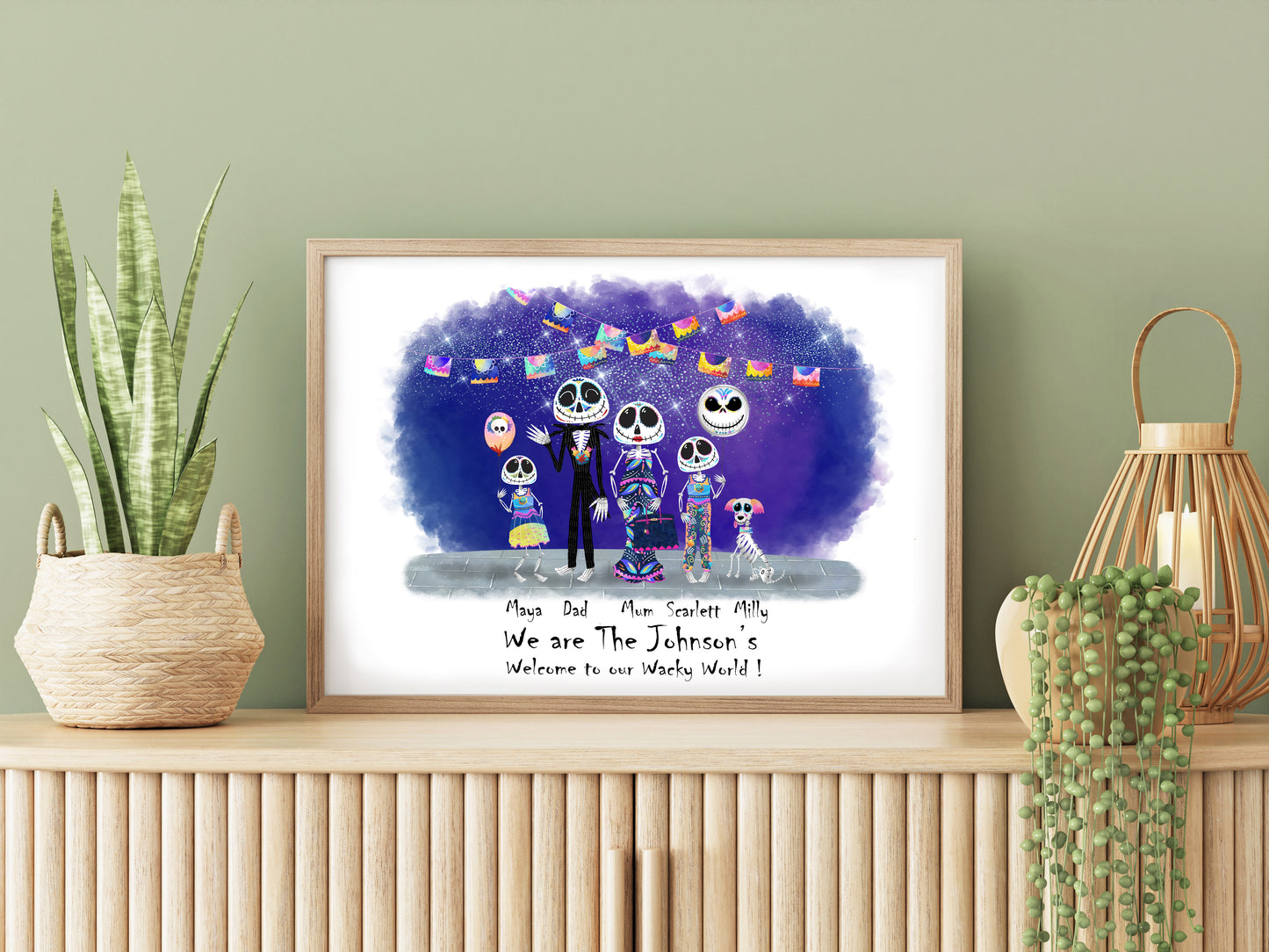 Halloween Personalised Family Print, Skeleton Family Portrait, Halloween Print, Halloween Wall Art, Custom Family print, Sugar Skulls