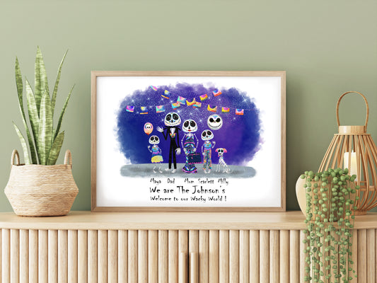 Halloween Personalised Family Print, Skeleton Family Portrait, Halloween Print, Halloween Wall Art, Custom Family print, Sugar Skulls