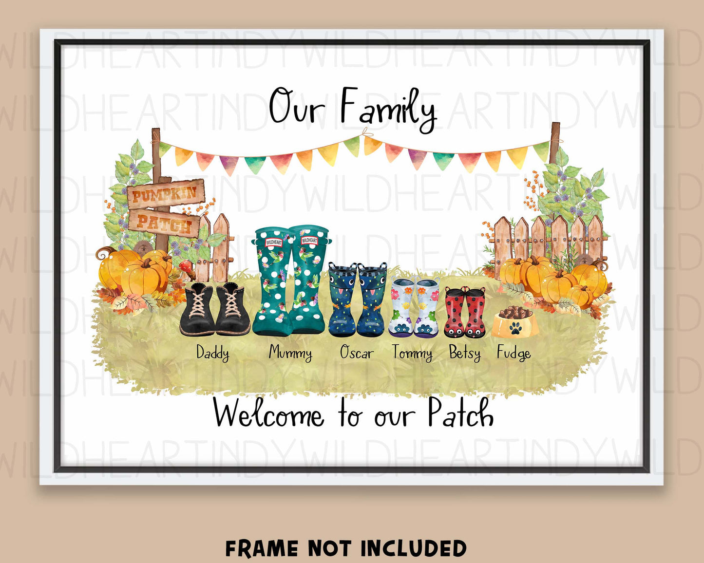 Family Welly Boot Print, Autumn Theme, Personalised Family Print, Personalised Gift for family, Classic Welly Boot Print