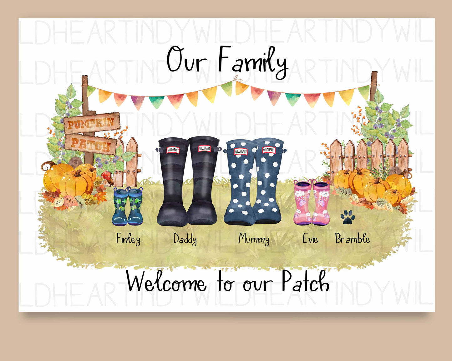 Family Welly Boot Print, Autumn Theme, Personalised Family Print, Personalised Gift for family, Classic Welly Boot Print