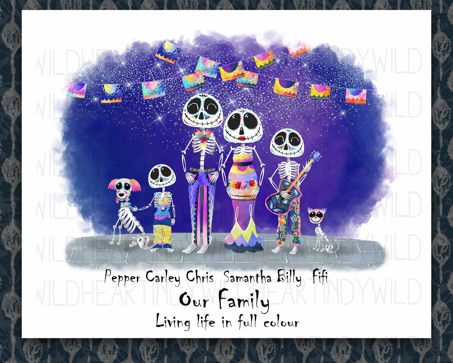 Halloween Personalised Family Print, Skeleton Family Portrait, Halloween Print, Halloween Wall Art, Custom Family print, Sugar Skulls