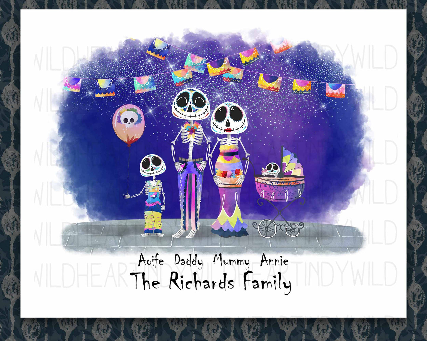 Halloween Personalised Family Print, Skeleton Family Portrait, Halloween Print, Halloween Wall Art, Custom Family print, Sugar Skulls