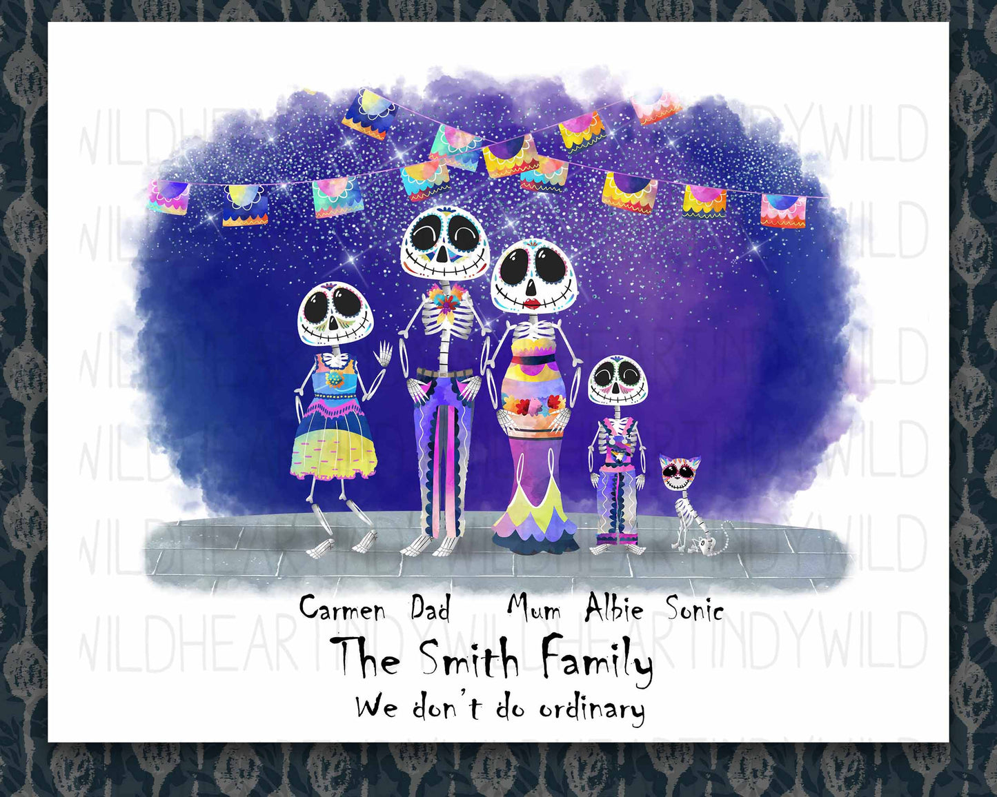 Halloween Personalised Family Print, Skeleton Family Portrait, Halloween Print, Halloween Wall Art, Custom Family print, Sugar Skulls